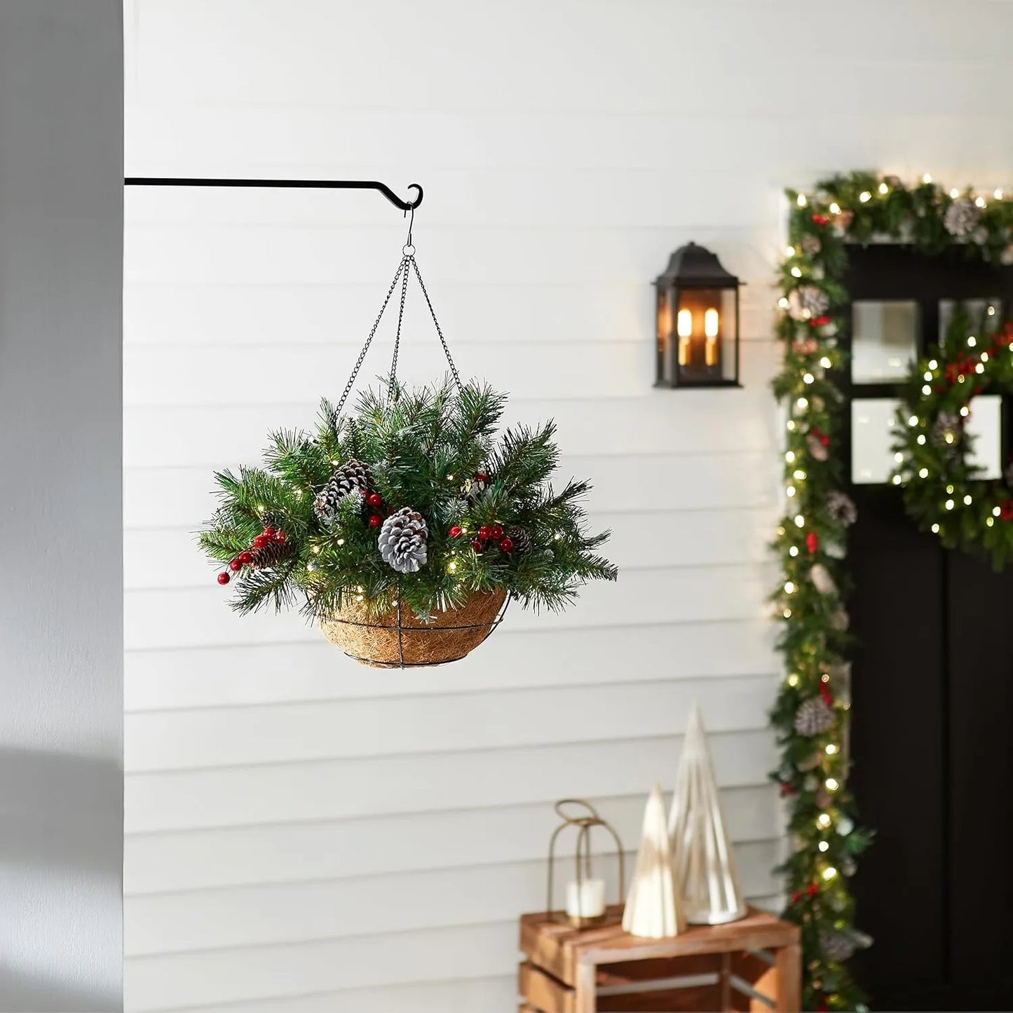 🧺 Christmas Hanging Basket – Frosted Pine, Cones & Berries with Metal Hook
