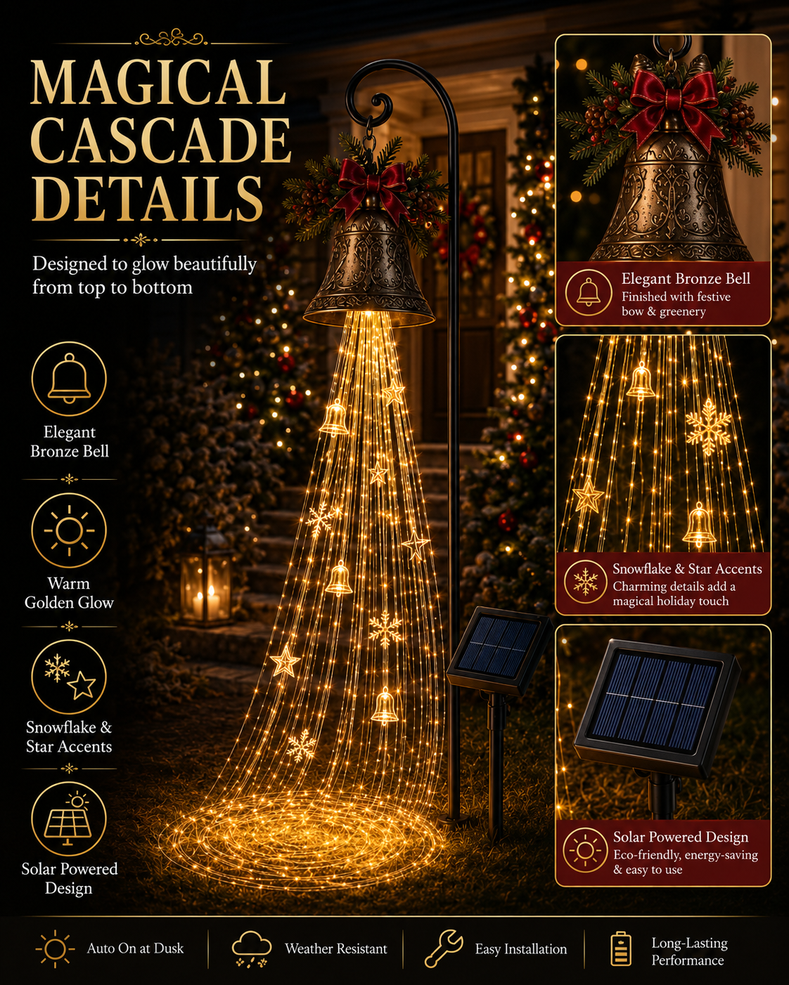 🎄✨ Christmas Bell Cascade Solar Yard Lights – Magical Holiday Glow!