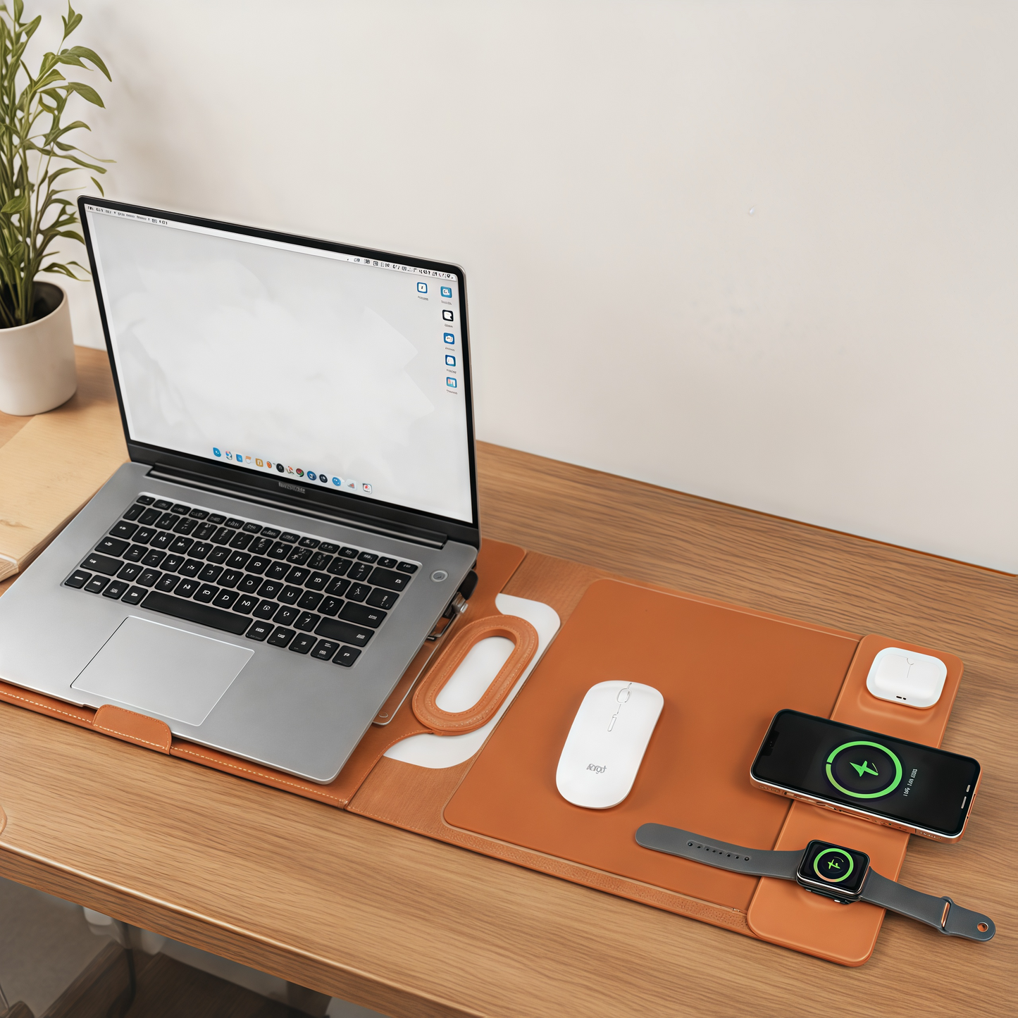 Multi‑Function Leather Laptop Desk Mat With 3‑in‑1 Wireless Charger