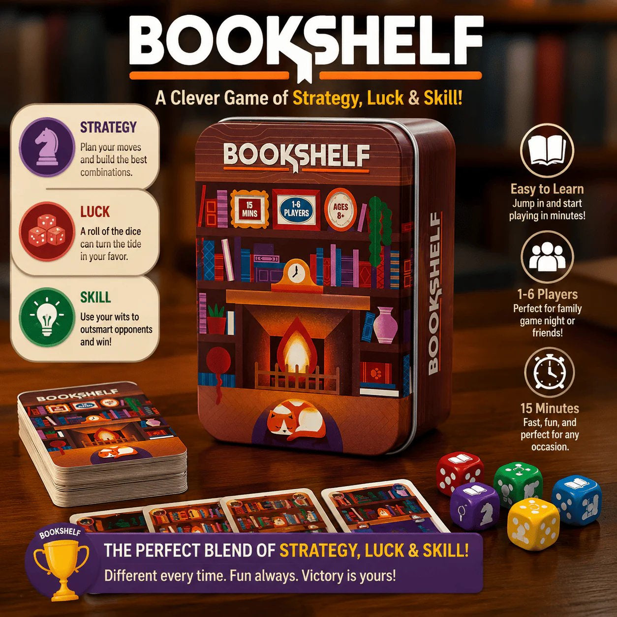 📚🎲Bookshelf Cooperative Stacking Game | Skill & Balance Card and Book Tower Game in Travel Tin