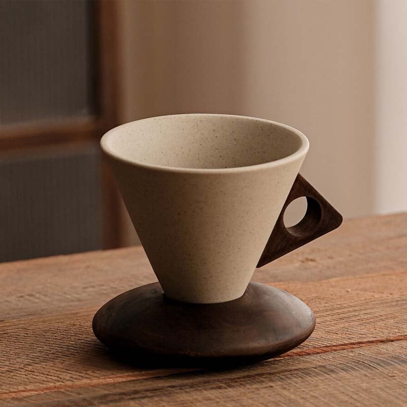 ☕ Handmade Ceramic Pour Over Coffee Dripper with Wooden Handle & Base