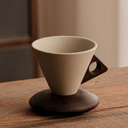 ☕ Handmade Ceramic Pour Over Coffee Dripper with Wooden Handle & Base