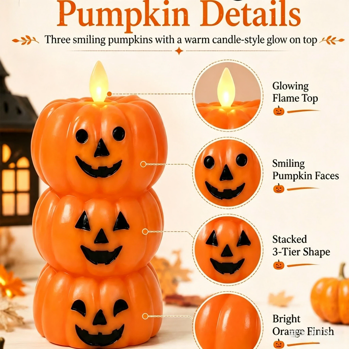 🎃 Safe Flameless Stacked Pumpkin Candle – Halloween LED Decor with Moving Flame & Smiling Faces