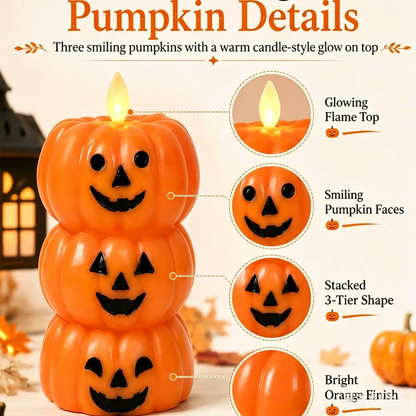 🎃 Safe Flameless Stacked Pumpkin Candle – Halloween LED Decor with Moving Flame & Smiling Faces