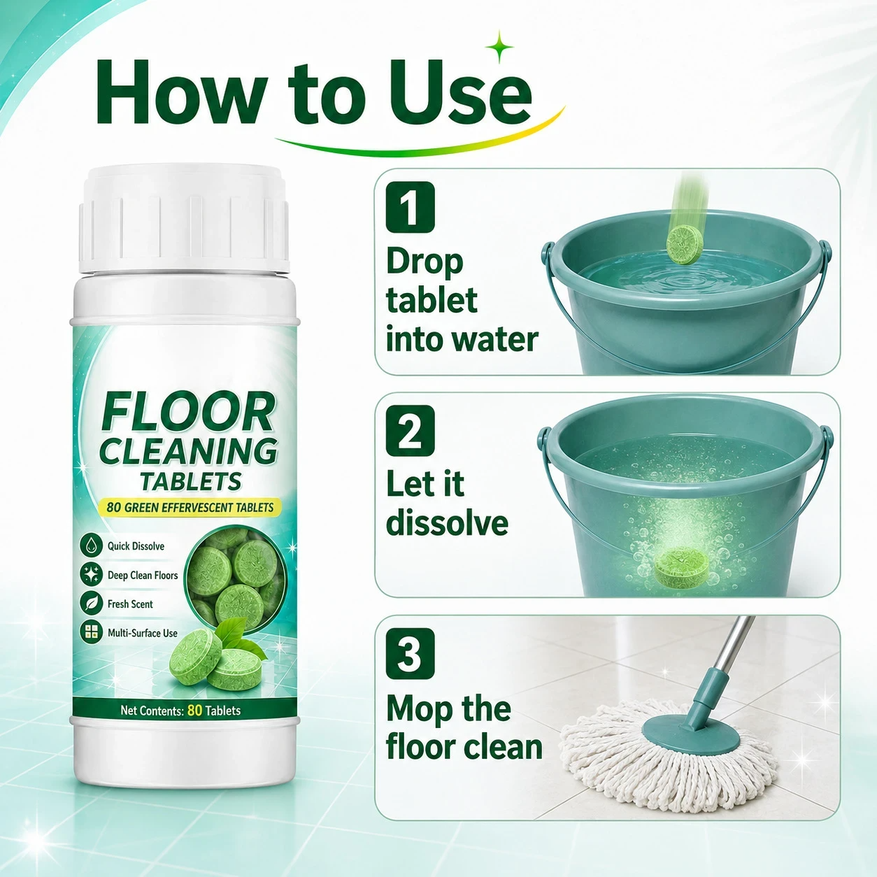 💧🧹 Floor Cleaning Effervescent Tablets – Just Drop, Dissolve & Mop! 80 Pcs for Tile, Wood & Marble