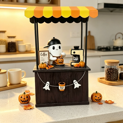 🎃 Cute Ghost Coffee Stand Figurine – Resin Halloweena Tabletop Decor with Mini Barista Bar, Perfect Fall Gift