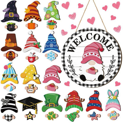 🎄Interchangeable Gnome Welcome Sign🧲 | Magnetic Seasonal Hat & Hand Inserts Round Wooden Door Hanger for Front Porch Decor