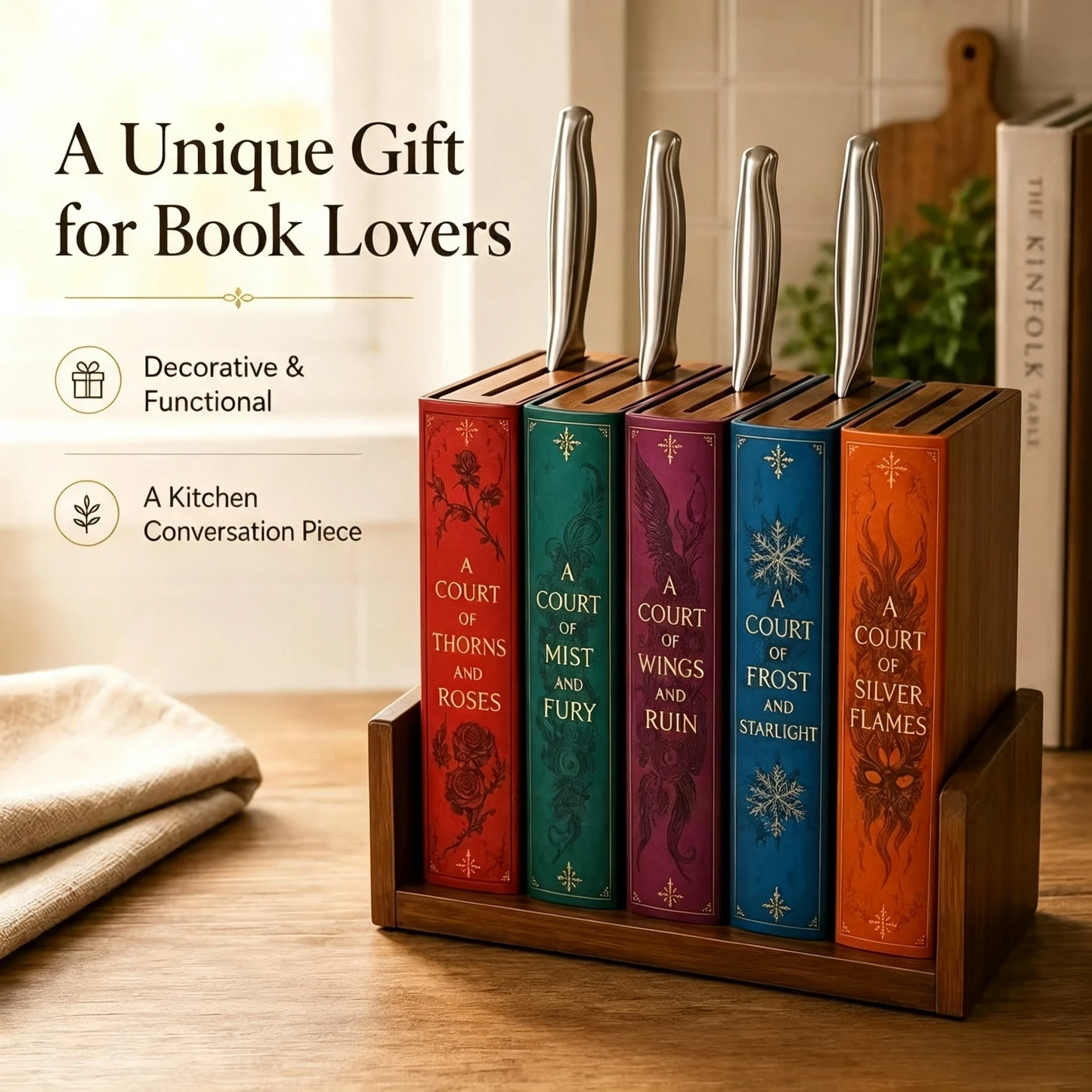 📚 Storybook Wooden Knife Block – Decorative Book Spine Kitchen Holder for 5 Knives
