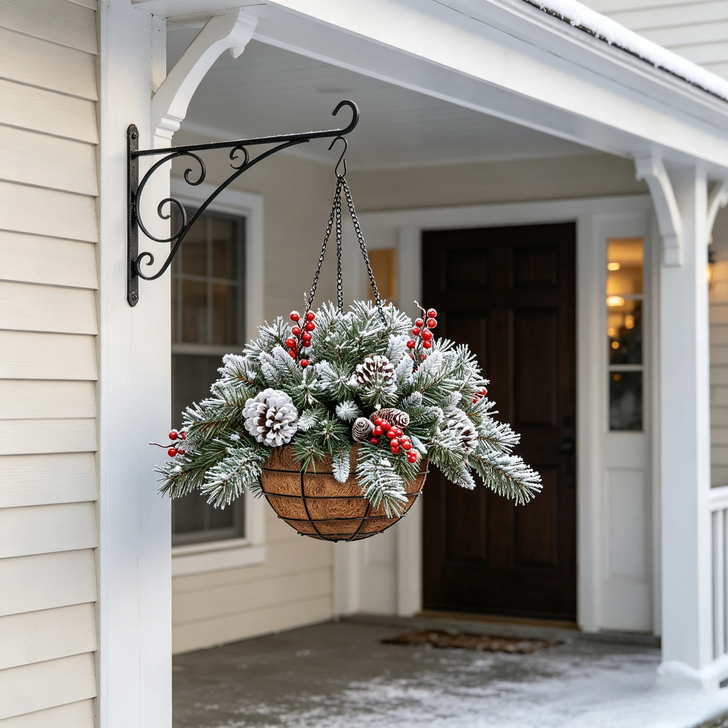 🧺 Christmas Hanging Basket – Frosted Pine, Cones & Berries with Metal Hook