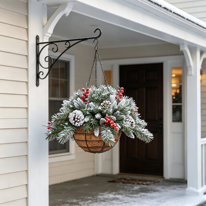 🧺 Christmas Hanging Basket – Frosted Pine, Cones & Berries with Metal Hook