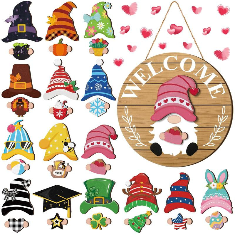 🎄Interchangeable Gnome Welcome Sign🧲 | Magnetic Seasonal Hat & Hand Inserts Round Wooden Door Hanger for Front Porch Decor