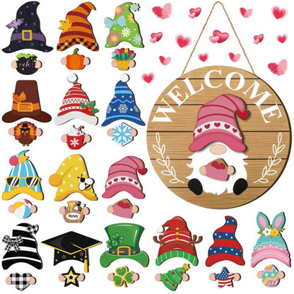 🎄Interchangeable Gnome Welcome Sign🧲 | Magnetic Seasonal Hat & Hand Inserts Round Wooden Door Hanger for Front Porch Decor