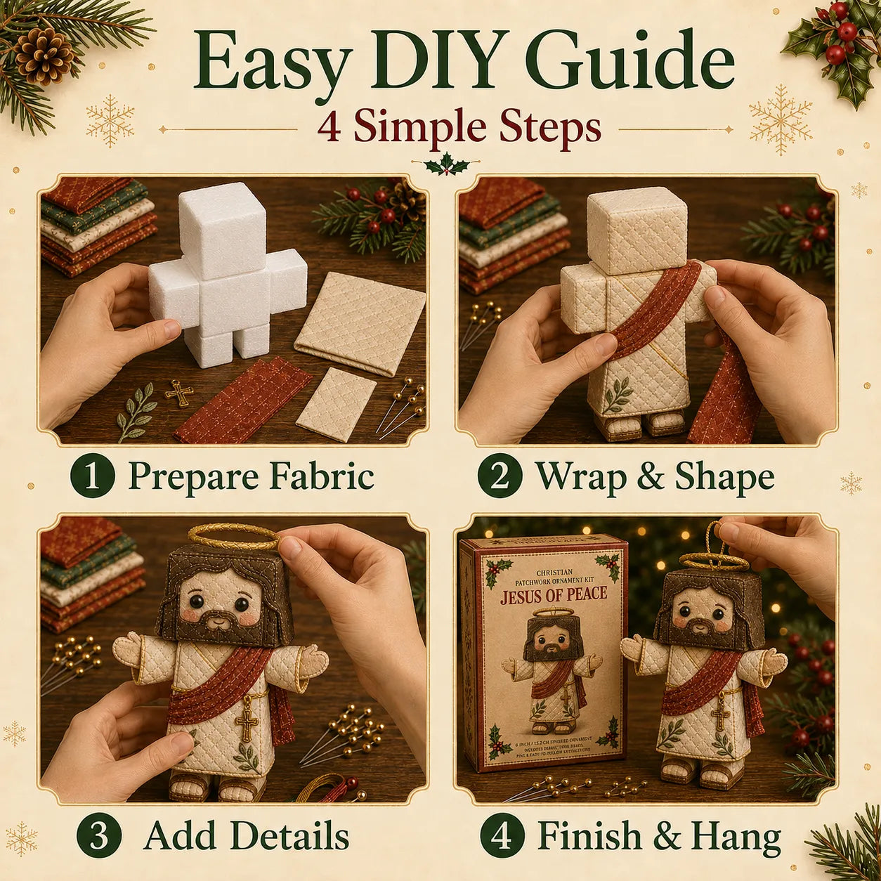 ⏳ Last Day 50% OFF – ✝️ Beginner-Friendly DIY Christian Block Figure Patchwork Ornament Kit Collection | Complete Kit with Pre-Cut Fabrics, Padded Ornament Form & Step-by-Step Guide Included 💕
