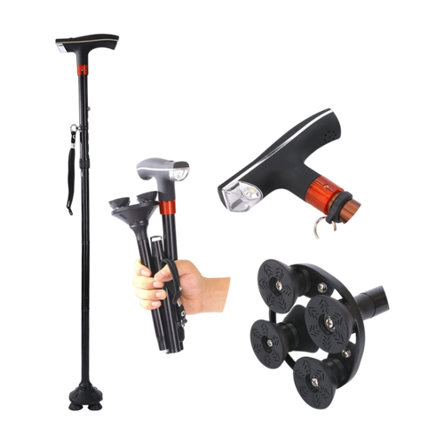 🦯 Foldable Walking Cane for Seniors |10-Level Height Adjustment, Built-in LED Light & One-Click SOS Alarm
