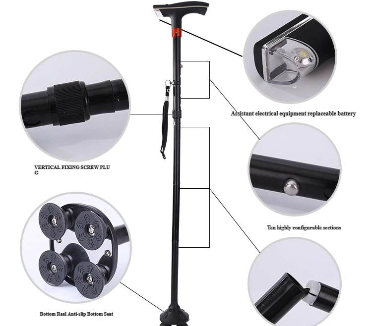 🦯 Foldable Walking Cane for Seniors |10-Level Height Adjustment, Built-in LED Light & One-Click SOS Alarm
