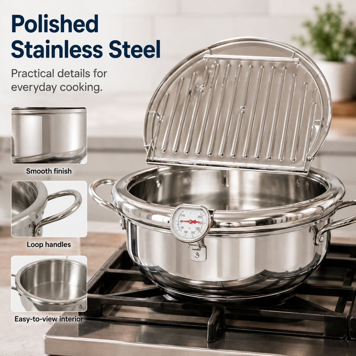 🔥🍤304 Stainless Steel Deep Frying Pot with Strainer Basket and Thermometer
