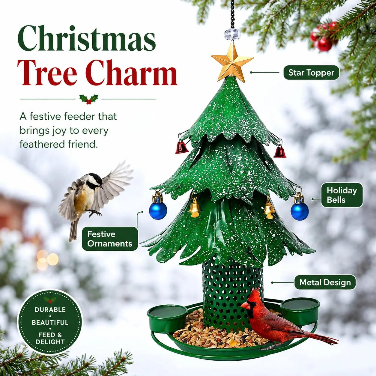 🎄 Christmas Tree Bird Feeder – Rainproof & Squirrel-Proof Hanging Feeder with DIY Ornament Holes, Perfect Holiday Gift for Bird Lovers
