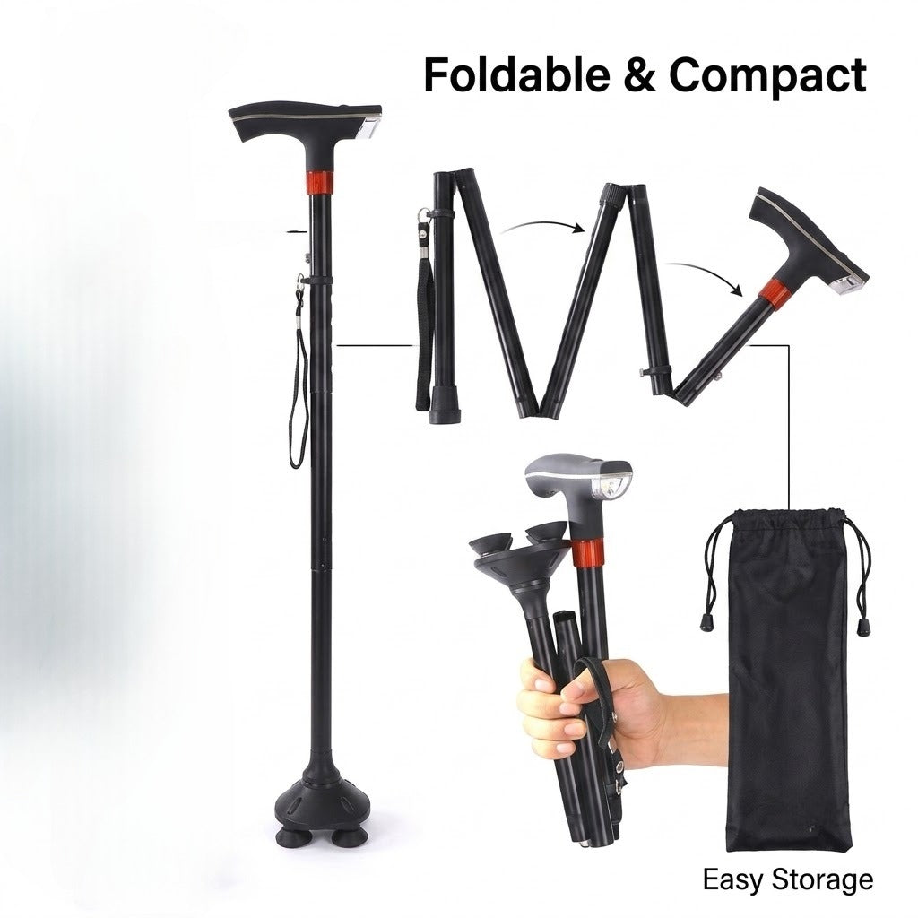 🦯 Foldable Walking Cane for Seniors |10-Level Height Adjustment, Built-in LED Light & One-Click SOS Alarm