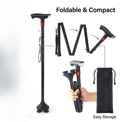 🦯 Foldable Walking Cane for Seniors |10-Level Height Adjustment, Built-in LED Light & One-Click SOS Alarm