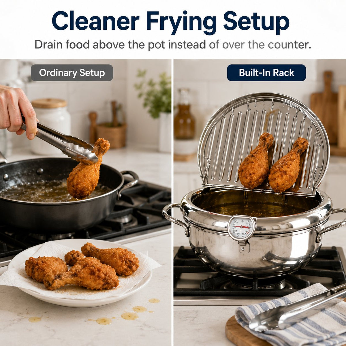 🔥🍤304 Stainless Steel Deep Frying Pot with Strainer Basket and Thermometer