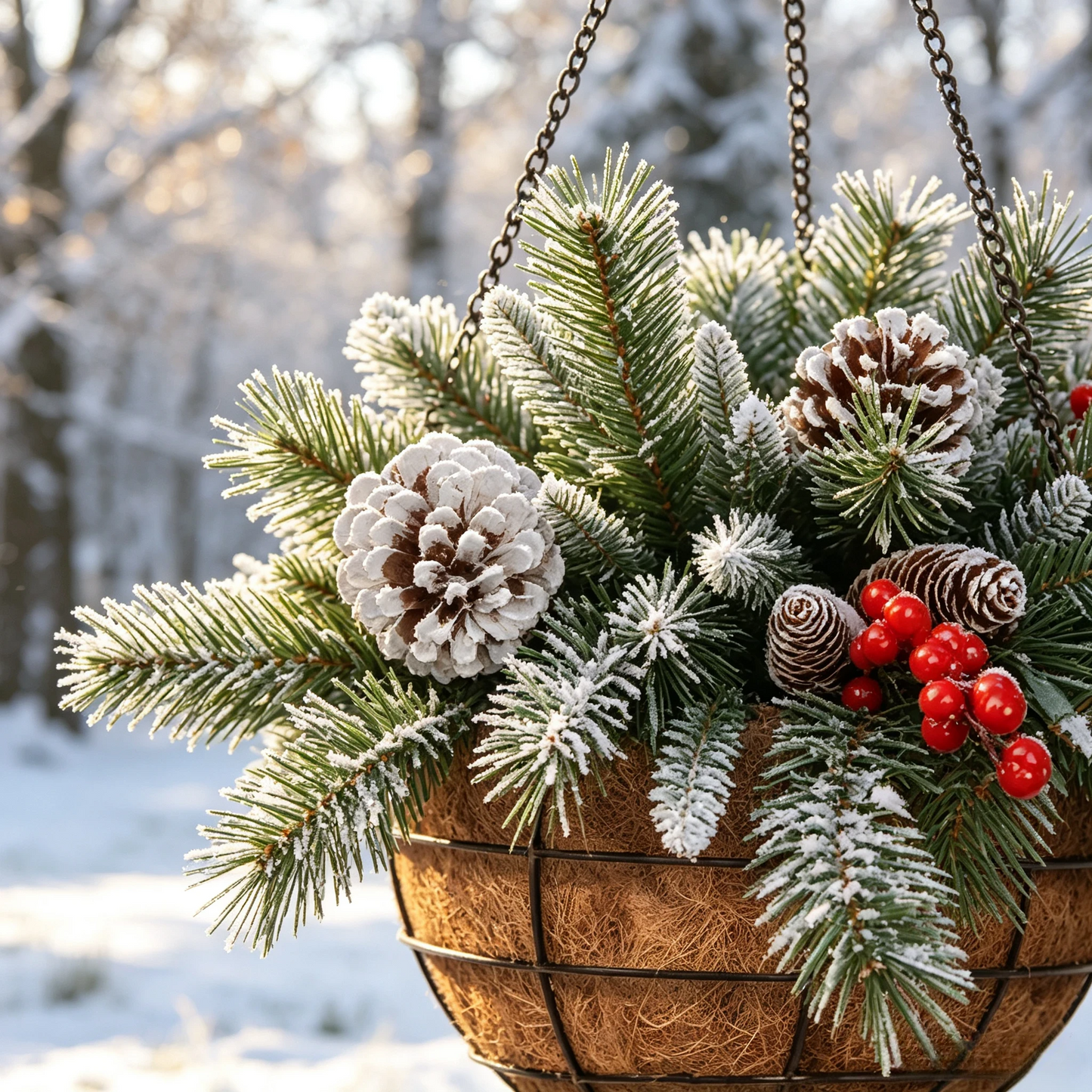 🧺 Christmas Hanging Basket – Frosted Pine, Cones & Berries with Metal Hook