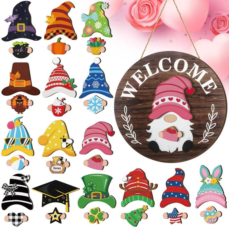 🎄Interchangeable Gnome Welcome Sign🧲 | Magnetic Seasonal Hat & Hand Inserts Round Wooden Door Hanger for Front Porch Decor