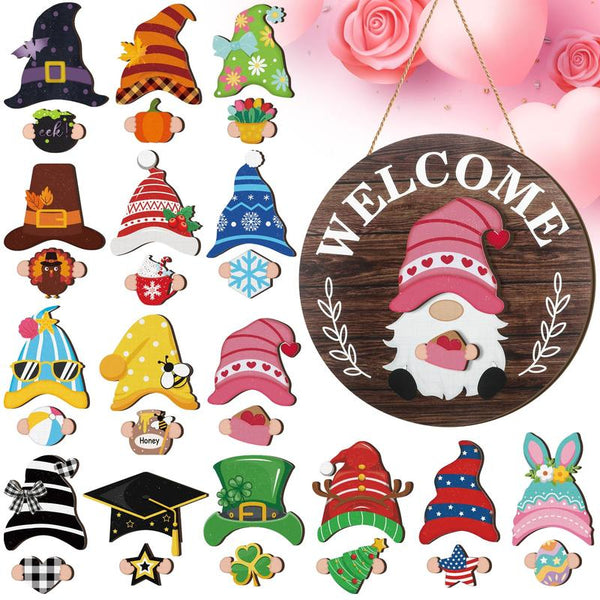 🎄Interchangeable Gnome Welcome Sign🧲 | Magnetic Seasonal Hat & Hand Inserts Round Wooden Door Hanger for Front Porch Decor