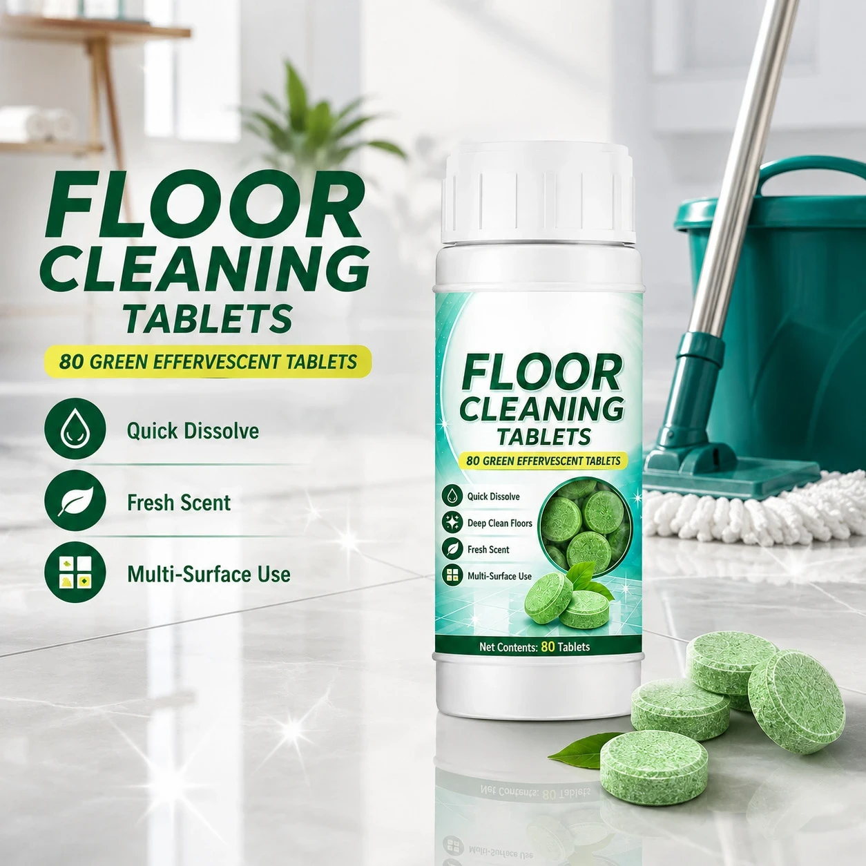 💧🧹 Floor Cleaning Effervescent Tablets – Just Drop, Dissolve & Mop! 80 Pcs for Tile, Wood & Marble