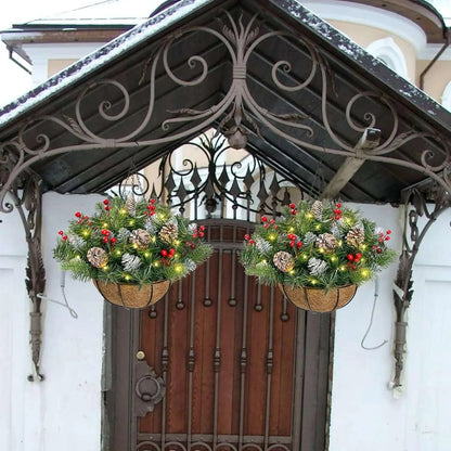 🧺 Christmas Hanging Basket – Frosted Pine, Cones & Berries with Metal Hook