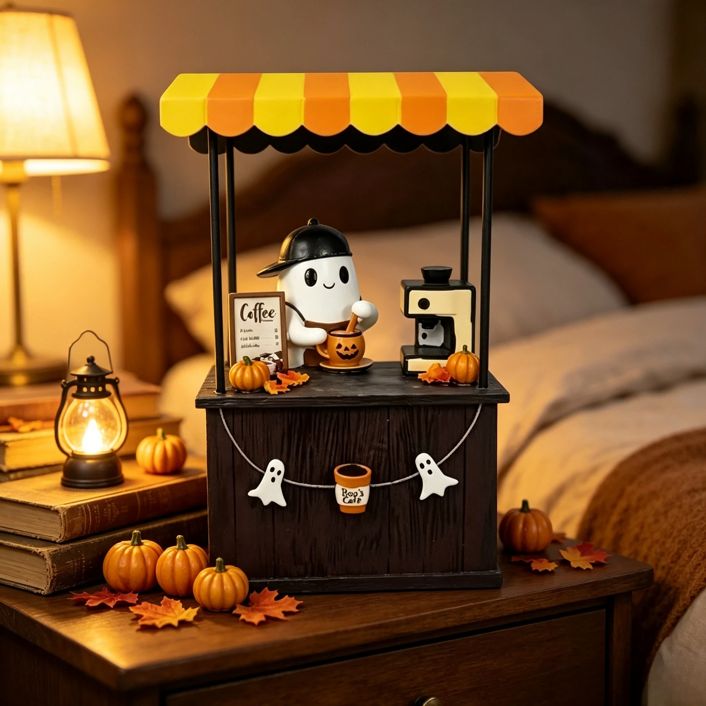 🎃 Cute Ghost Coffee Stand Figurine – Resin Halloweena Tabletop Decor with Mini Barista Bar, Perfect Fall Gift
