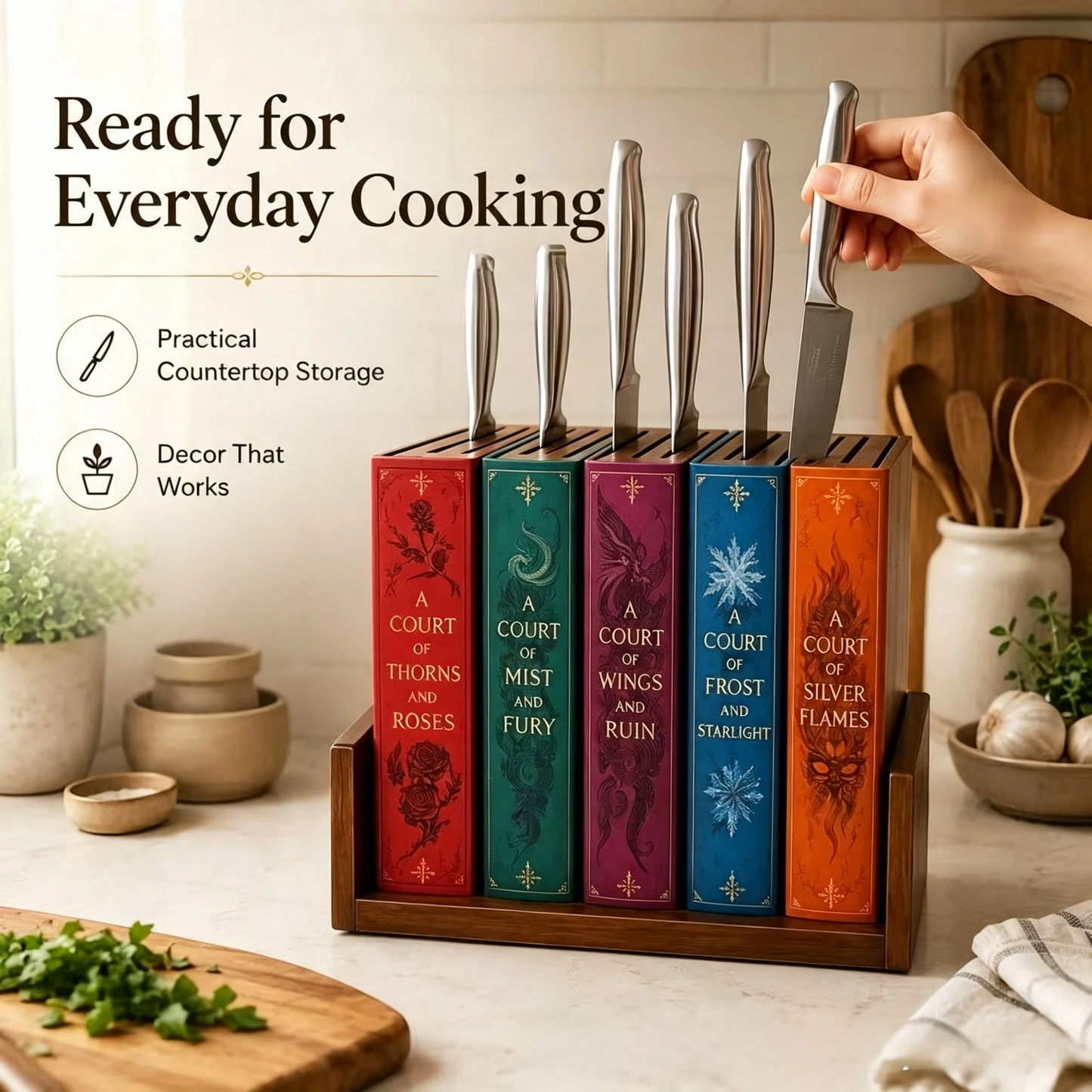 📚 Storybook Wooden Knife Block – Decorative Book Spine Kitchen Holder for 5 Knives