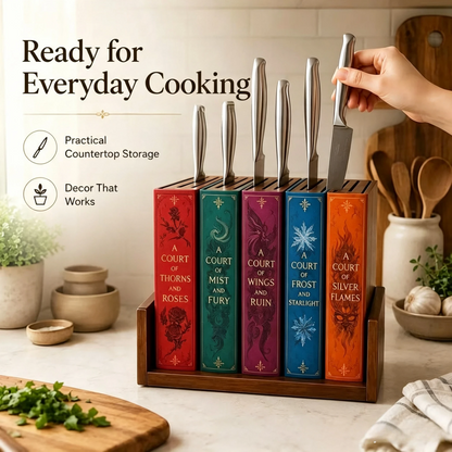 📚 Storybook Wooden Knife Block – Decorative Book Spine Kitchen Holder for 5 Knives