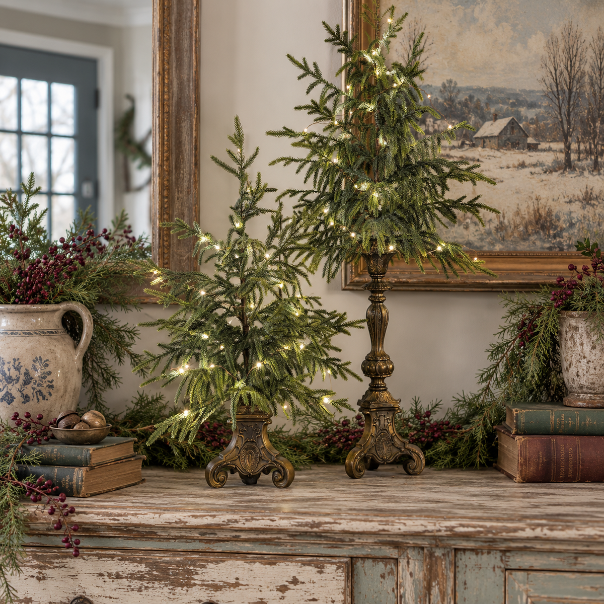 🎄Vintage Lighted Norfolk Pine Trees with Vintage Pedestal