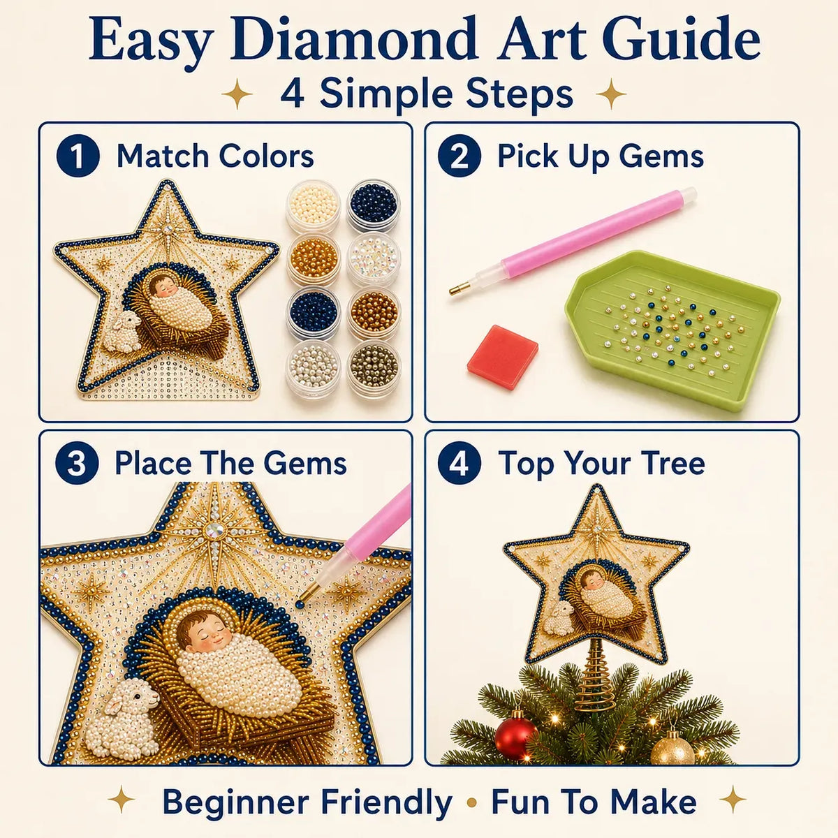✝️ Beginner-Friendly Christian Faith Pearl Diamond Art Christmas Tree Topper DIY Kit | Complete Set with Printed Base, Pearl & Crystal Pieces, Application Tools & Step-by-Step Guide Included 💕