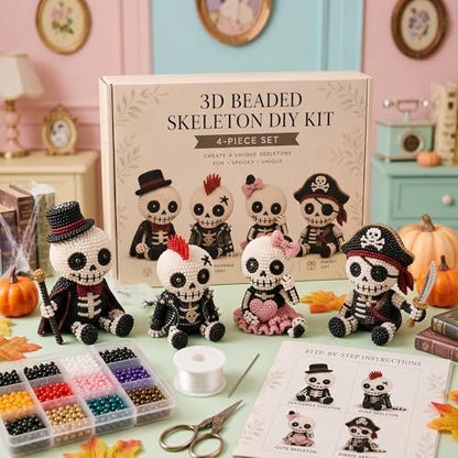 🧵 3D Beaded Skeleton DIY Kit – 4 Unique Styles (Pirate, Reaper, Egyptian & Gothic) with All Materials, Perfect Craft Gift for Kids & Adults