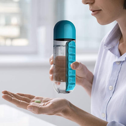 💊💧2 in 1 Pill Water Bottle | 600ml Portable Water Bottle with 7 Day Pill Organizer