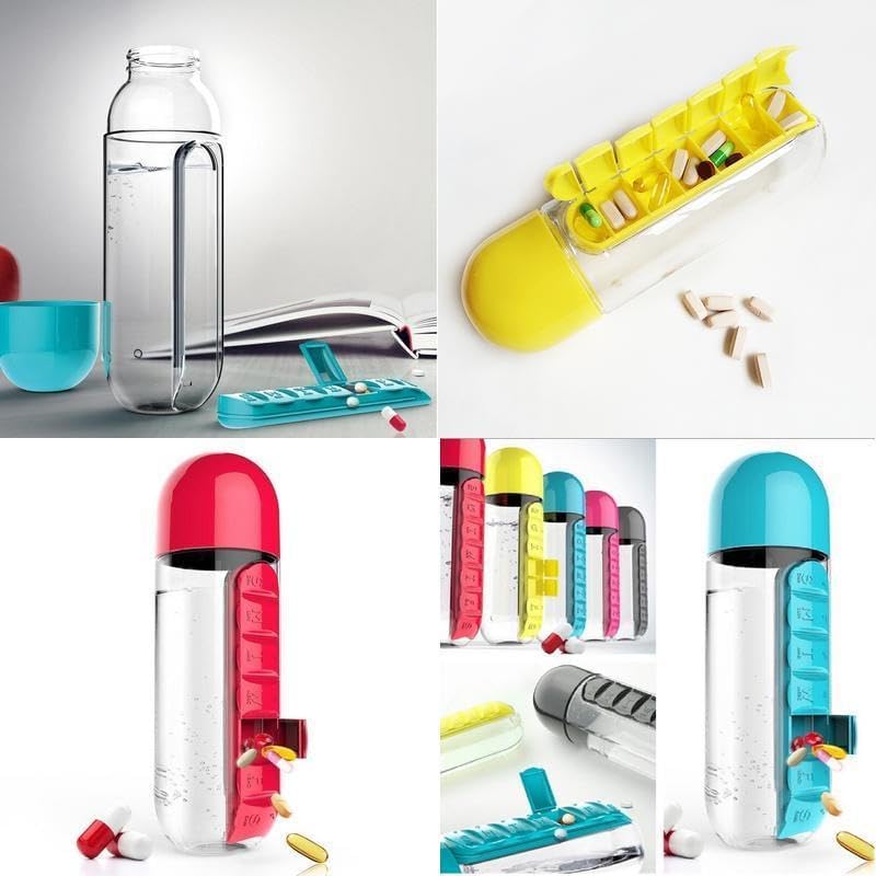 💊💧2 in 1 Pill Water Bottle | 600ml Portable Water Bottle with 7 Day Pill Organizer