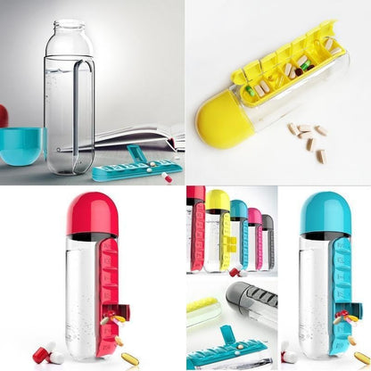 💊💧2 in 1 Pill Water Bottle | 600ml Portable Water Bottle with 7 Day Pill Organizer