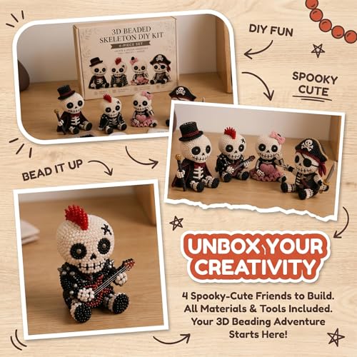 🧵 3D Beaded Skeleton DIY Kit – 4 Unique Styles (Pirate, Reaper, Egyptian & Gothic) with All Materials, Perfect Craft Gift for Kids & Adults