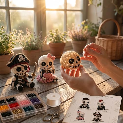🧵 3D Beaded Skeleton DIY Kit – 4 Unique Styles (Pirate, Reaper, Egyptian & Gothic) with All Materials, Perfect Craft Gift for Kids & Adults