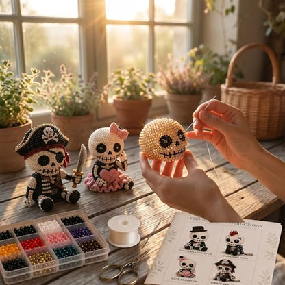 🧵 3D Beaded Skeleton DIY Kit – 4 Unique Styles (Pirate, Reaper, Egyptian & Gothic) with All Materials, Perfect Craft Gift for Kids & Adults