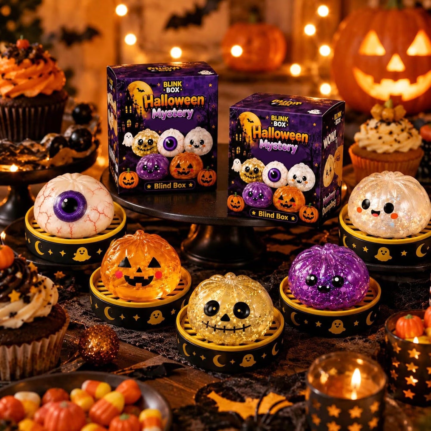 🎃 Halloween Mystery Blind Box – Cute Dumpling Squishy Toy with Mini Steamer Box, 5 Spooky Designs to Collect, Slow Rising Stress Relief