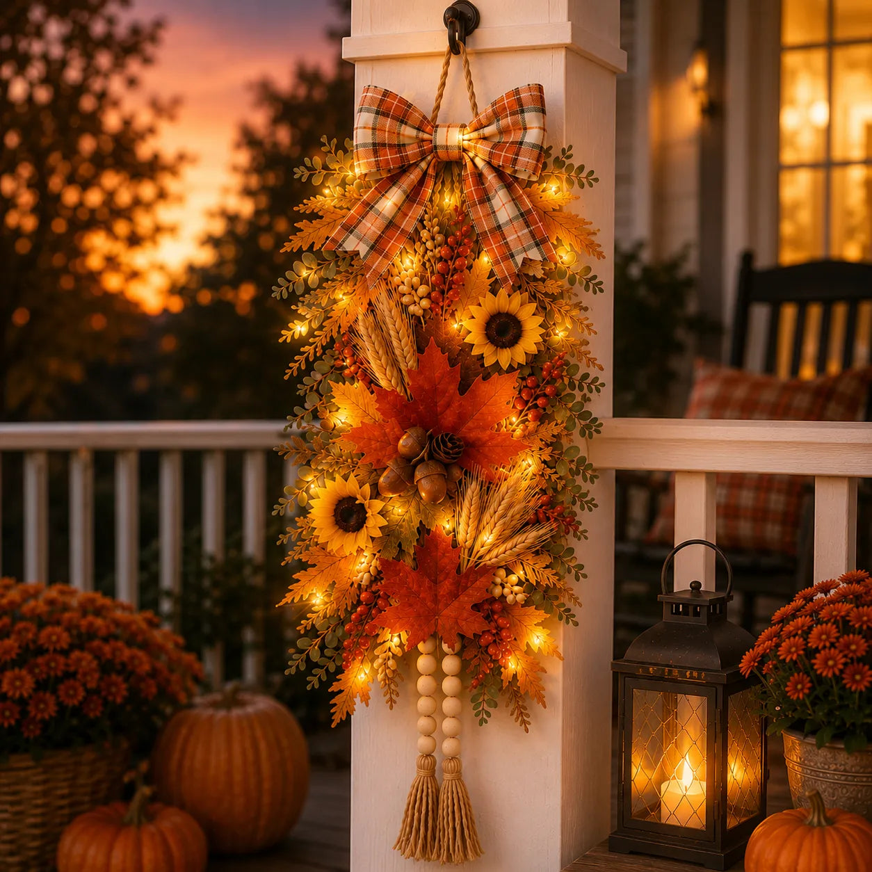 🍂✨Country-Style Harvest Door Hanging Decoration with Warm Lights