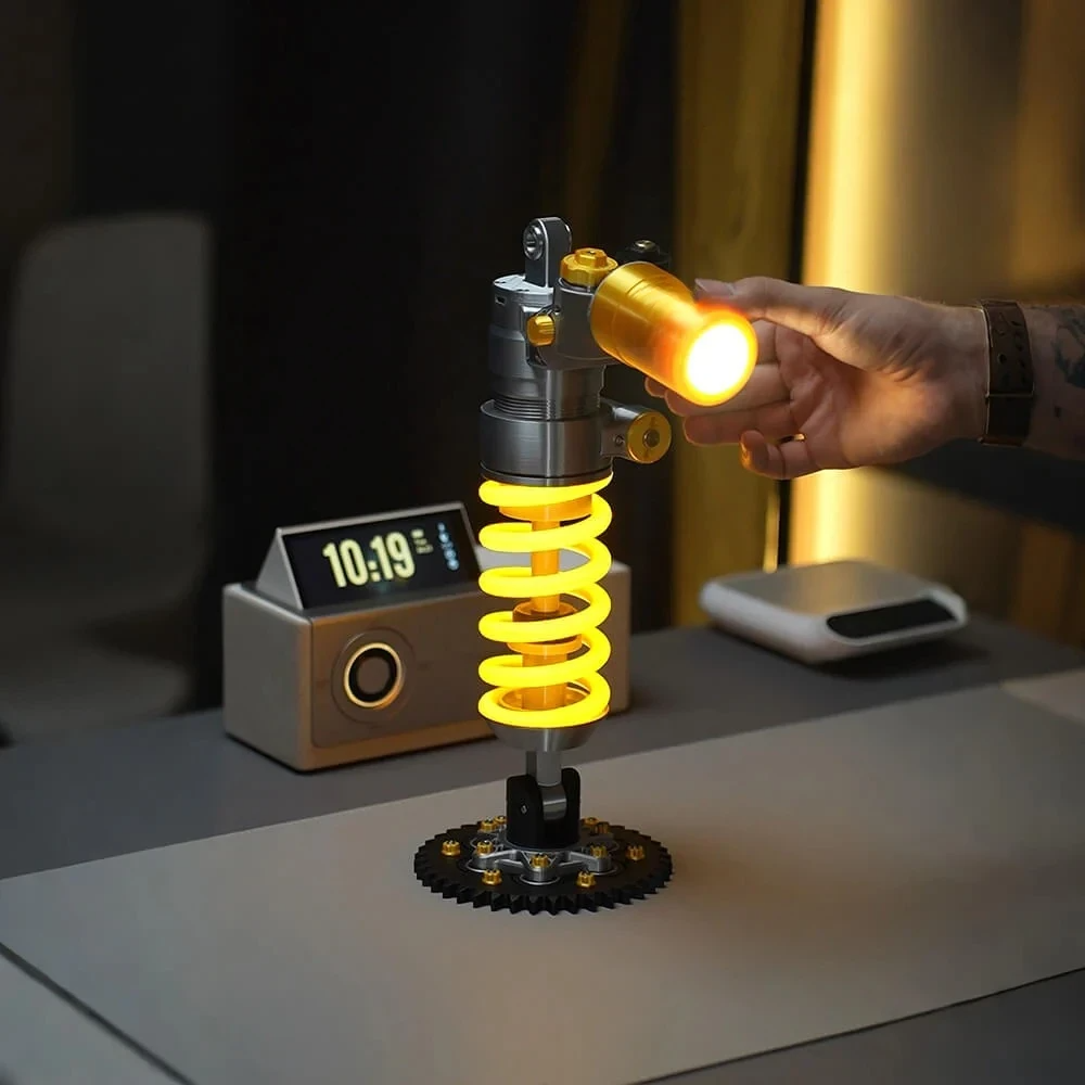 🔧 Industrial Shock Absorber LED Desk Lamp – 3D Spring Design Dimmable Night Light for Gaming Room & Garage