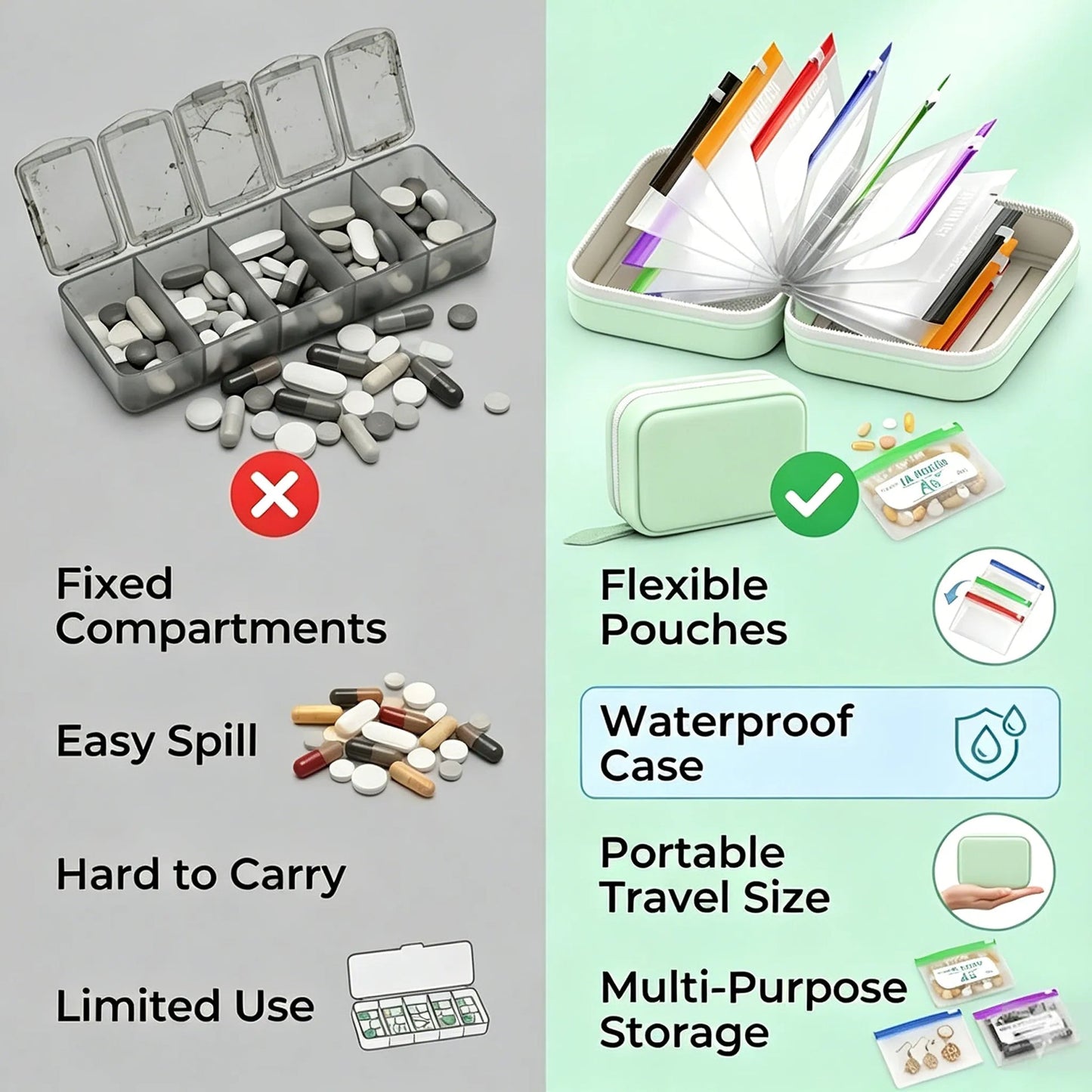 💊A8 Waterproof Pill Pouch Set –  14 Days of Meds & Vitamins💧Waterproof & Crush-Resistant Shell