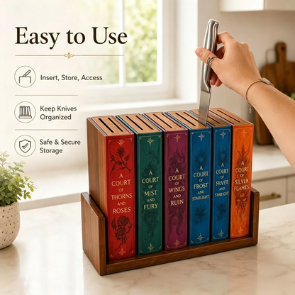 📚 Storybook Wooden Knife Block – Decorative Book Spine Kitchen Holder for 5 Knives