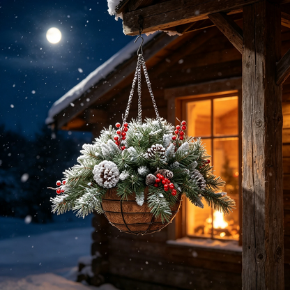 🧺 Christmas Hanging Basket – Frosted Pine, Cones & Berries with Metal Hook