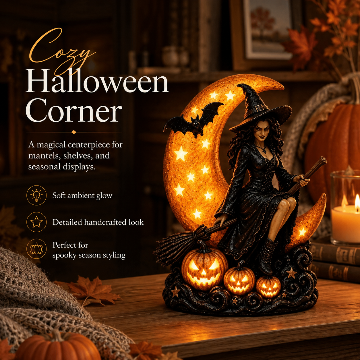 🌙🎃 Witch On Moon LED Halloween Decor Figurine