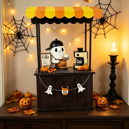 🎃 Cute Ghost Coffee Stand Figurine – Resin Halloweena Tabletop Decor with Mini Barista Bar, Perfect Fall Gift