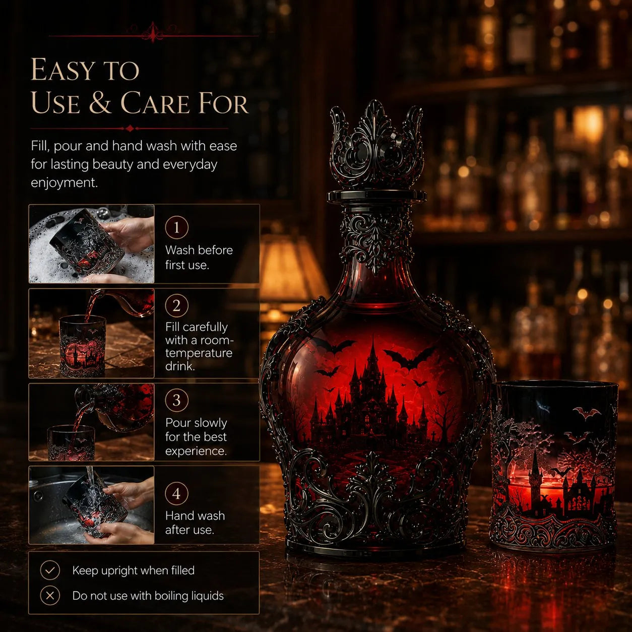 🦇 Gothic Vampire Castle Decanter & Tumbler – Dark Elegance Barware for Whisky Lovers